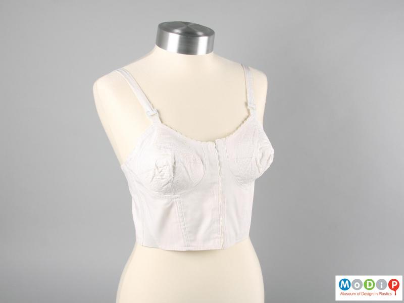 Front view of a bra showing the front fastening.