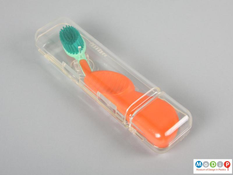 Top view of a toothbrush showing the travel box.