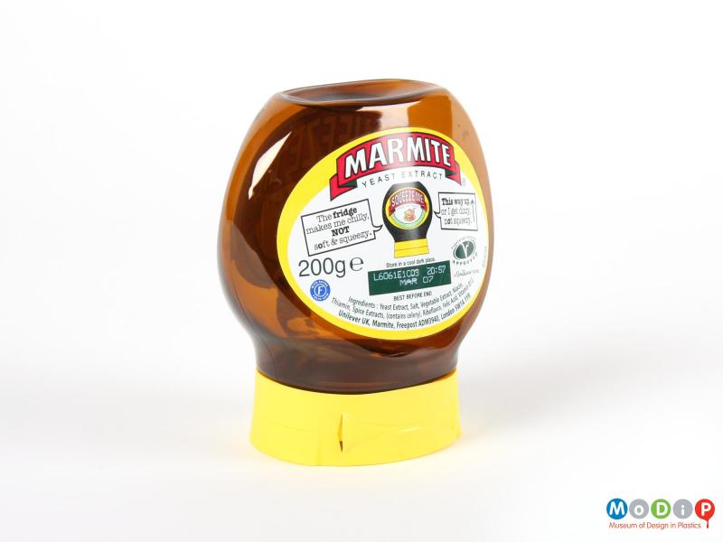 Side view of a Marmite jar showing the hinge in the lid.