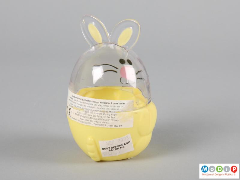 Rear view of a Funny Bunny sweet container showing the moulded tail sahpe in the base.
