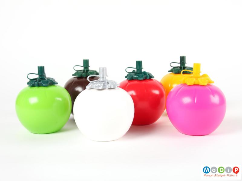 Front view of a tomato sauce bottle set showing the 6 examples of bottle.