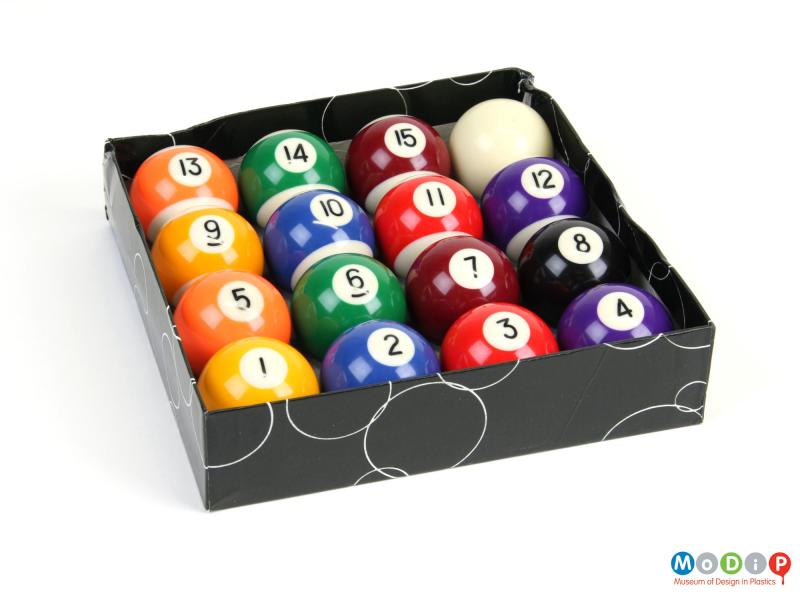 Top view of a set of pool balls showing the glossy surfaces.