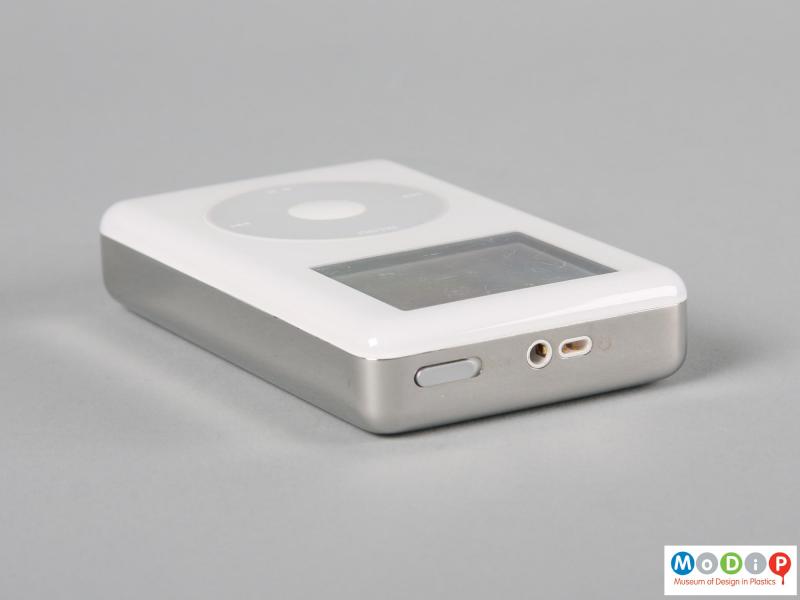 Top view of an Apple iPod showing connection sockets and on / off button.