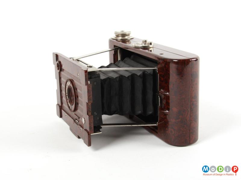 Side view of a camera showing the open bellows.