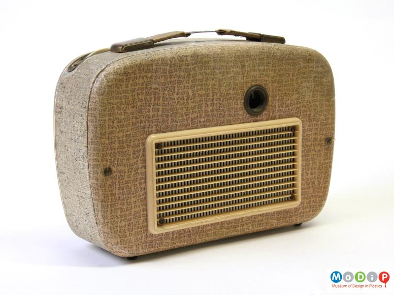 Rear view of a Portadyne transistor radio, with removable back panel and grill.