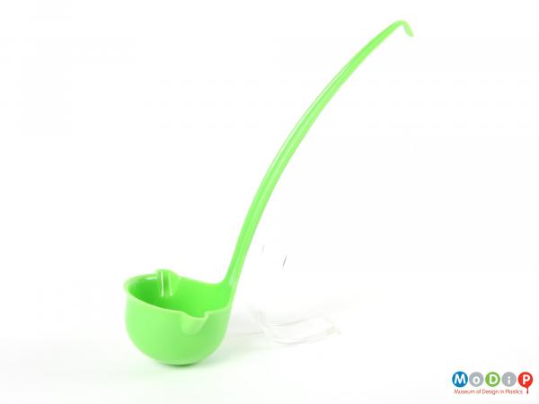 Side view of a sauce ladle showing the hook in the handle.