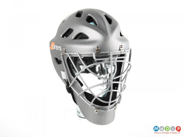 Front view of a hockey helmet showing the face grill.