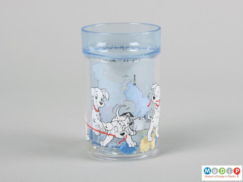Side view of a beaker showing the printed decoration.