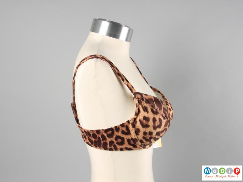 Side view of a bra showing the print of the fabric.