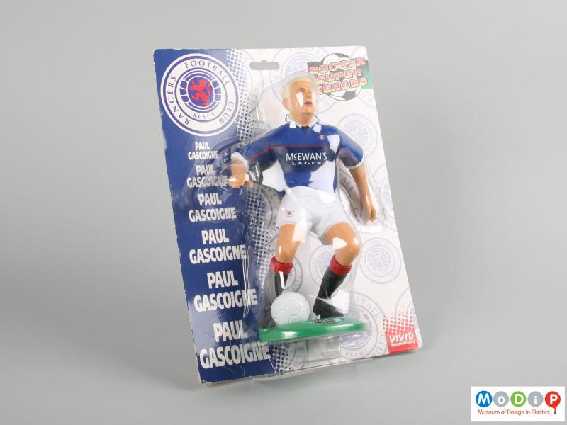 Front view of a Paul Gascoigne figure showing the Glasgow Rangers football strip.