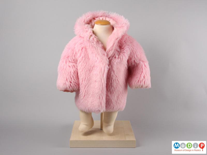 Front view of a pink hooded coat showing the plain front of the coat.