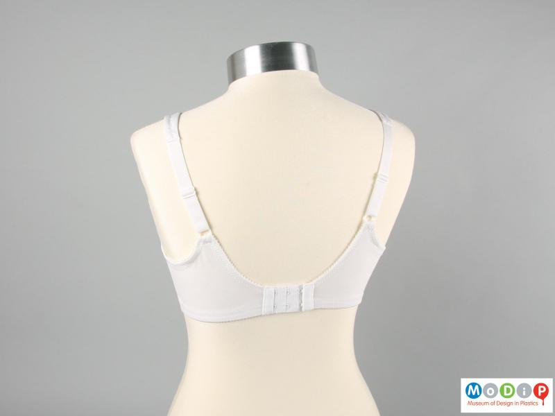 Rear view of a bra showing the hook and eye closure.