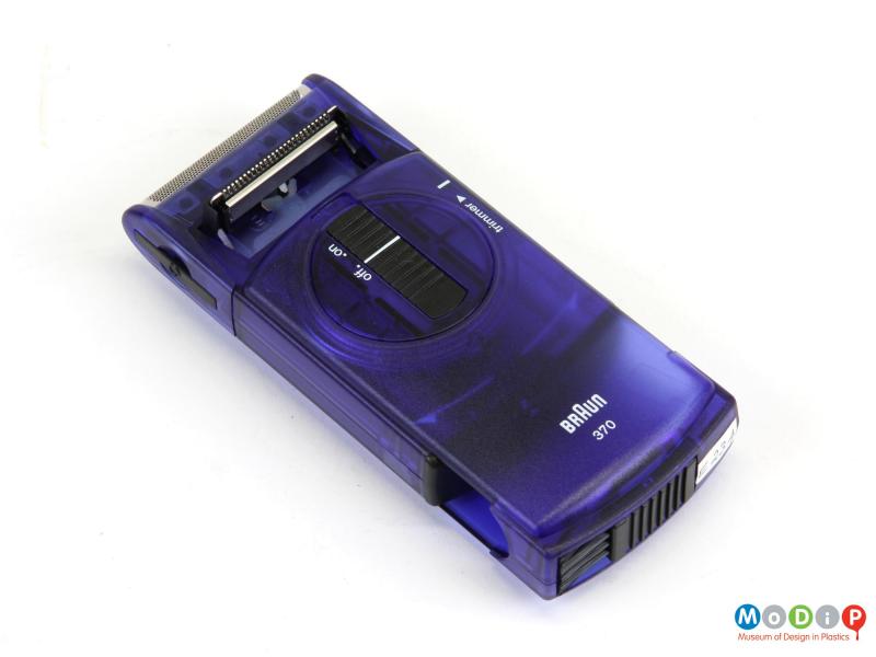 Top view of a shaver showing the lifted beard trimmer.