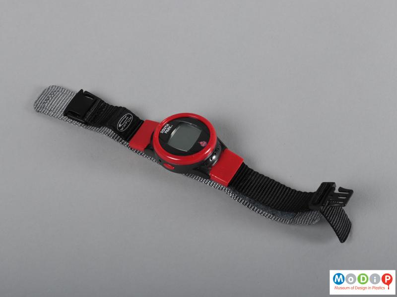 Top view of a watch showing the strap and face.