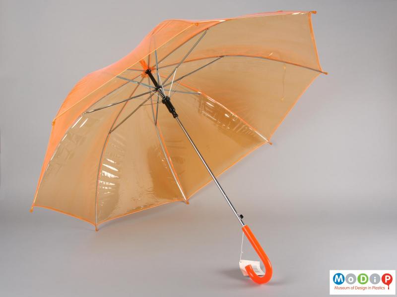 Underside view of an umbrella showing showing the metal mechanism.