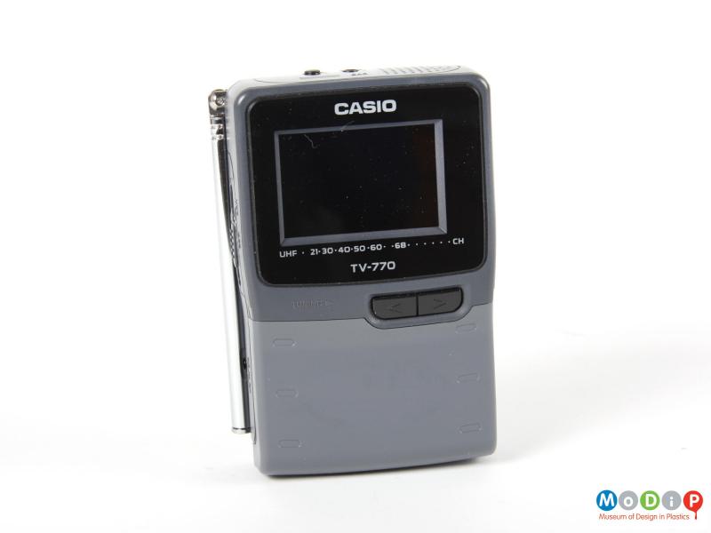 Front view of a Casio portable TV showing the aerial folded at the side.