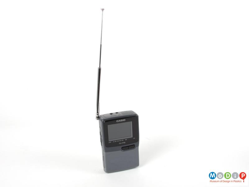 Front view of a Casio portable TV showing the aerial extended.