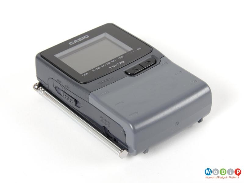 Side view of a Casio portable TV showing the control buttons.
