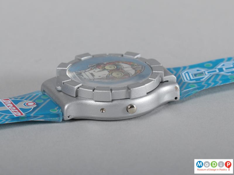 Close view of a watch showing the face cover.