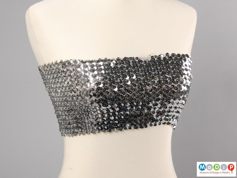 Front view of a boob tube showing the rows of sequins.