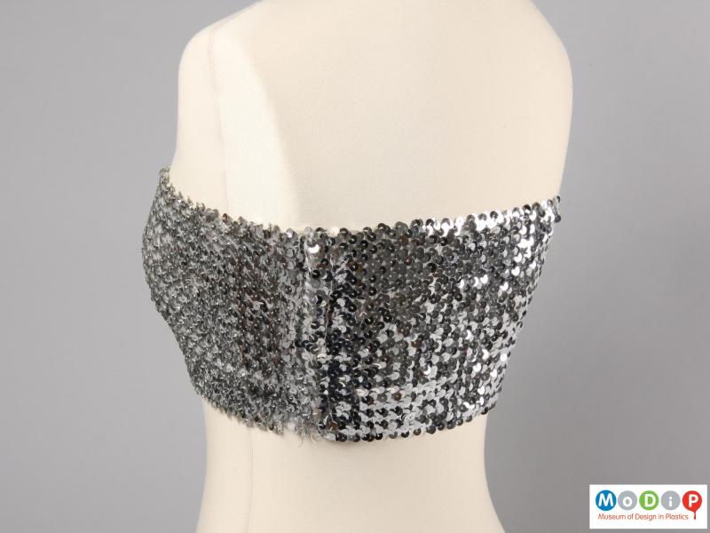 Side view of a boob tube showing the rows of sequins.