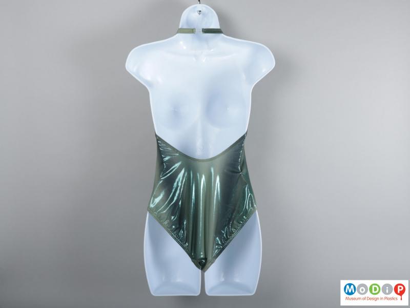 Rear view of a swimming suit showing the halter neck.