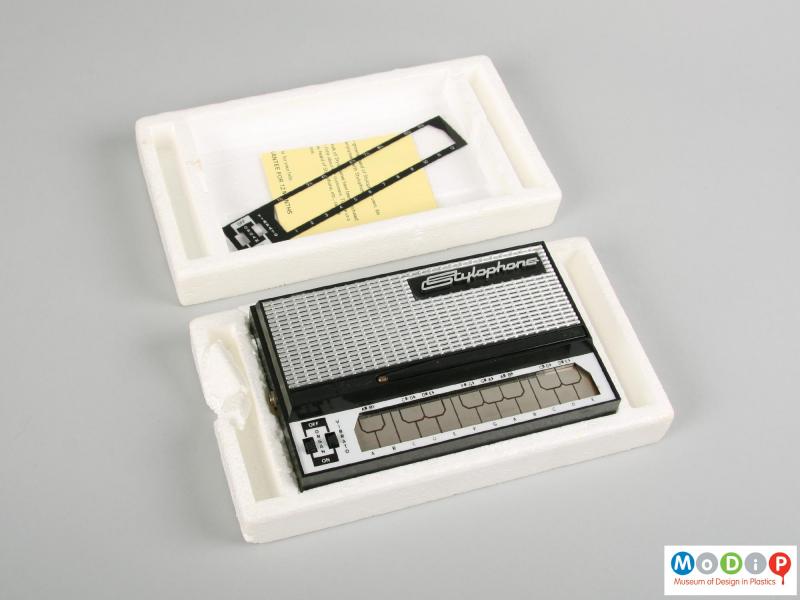 Top view of a Stylophone showing the expanded  polystyrene  packaging.