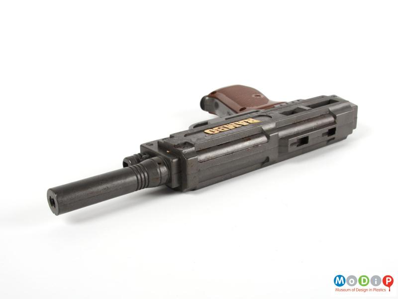 Top view of a toy gun showing the barrel.