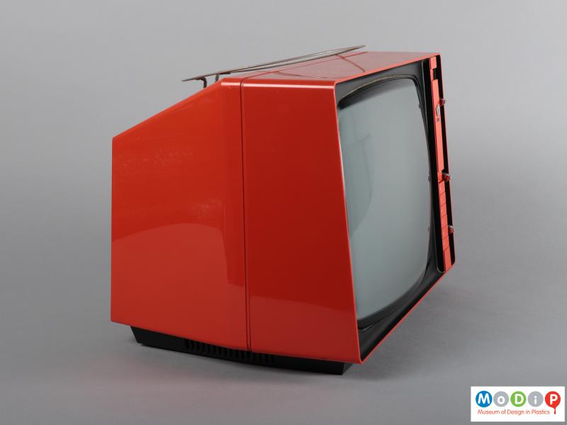 Side view of a television showing the orange casing.