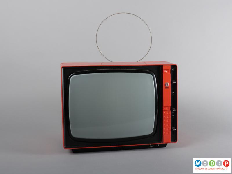 Front view of a television showing the wire aerial.