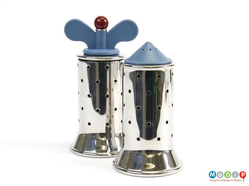 Side view of a pepper grinder showing it with the matching salt shaker.