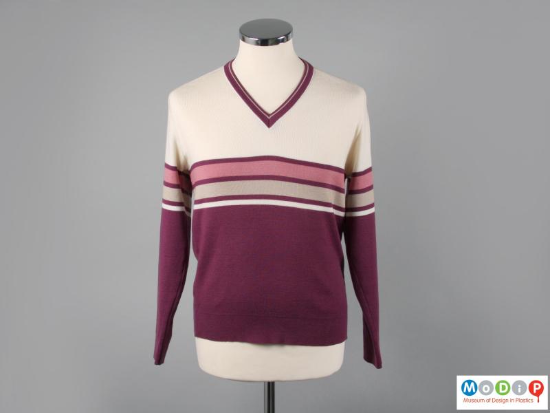 Front view of a sporting jumper showing the v-shaped neckline.