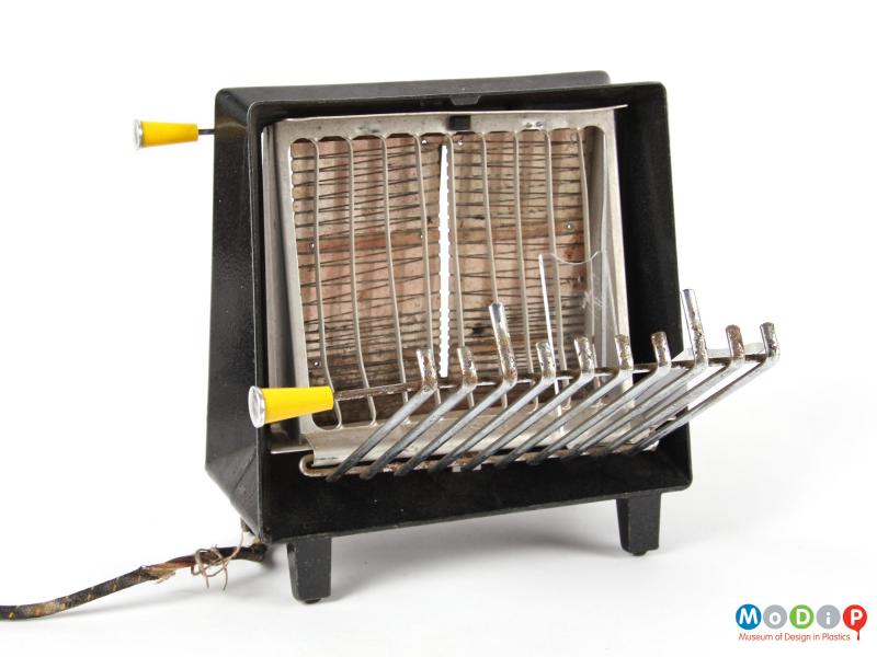 Side view of a GEC toaster showing the bread cage held open.