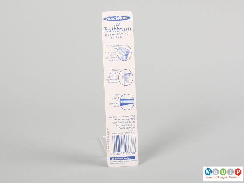 Rear view of a toothbrush showing the packaging.