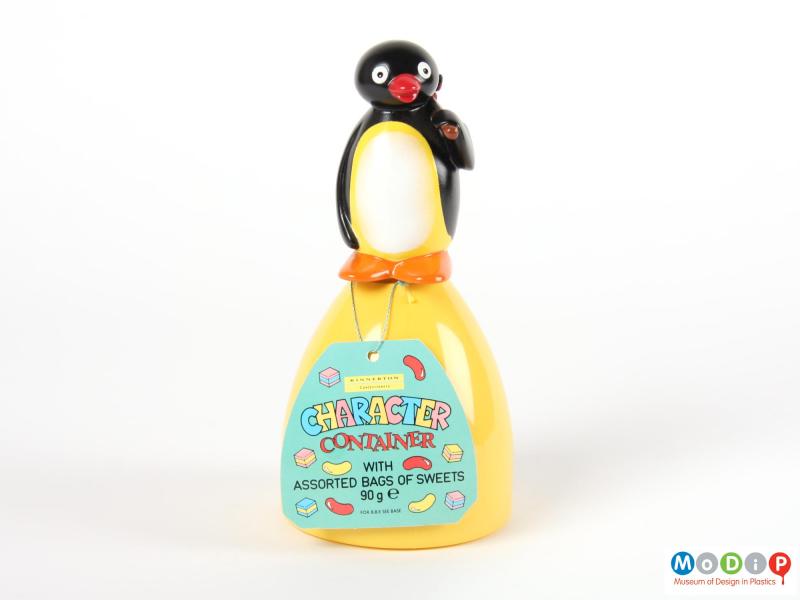 Front view of a Pingu sweet container showing the printed swing tag.