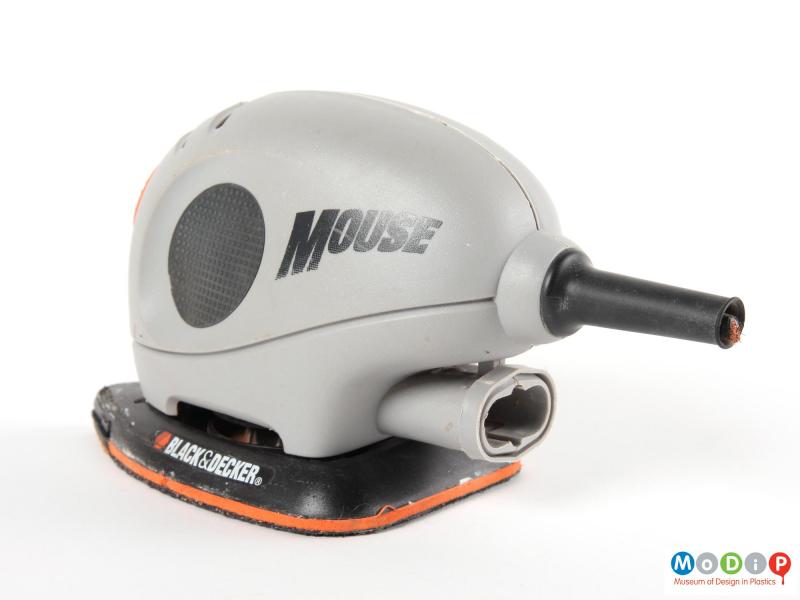 Rear view of a Black and Decker Mouse showing the cable join and the dust exhaust pipe.