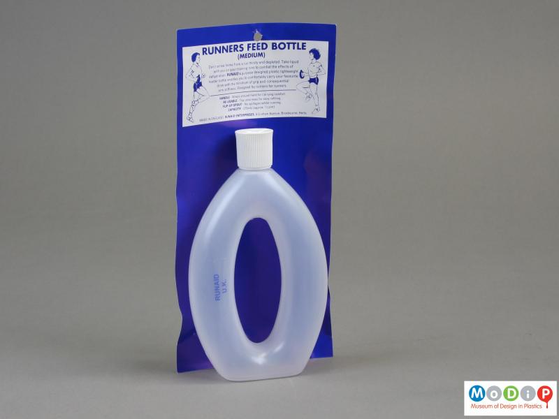 Front view of a water bottle showing the packaging.