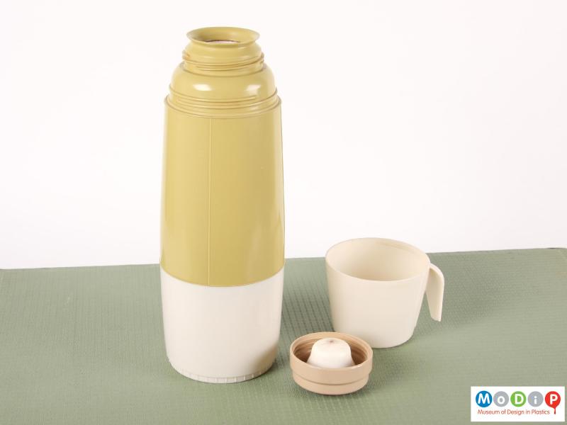 Side view of part of a Sirram picnic set showing the Thermos flask with its cup and stopper.