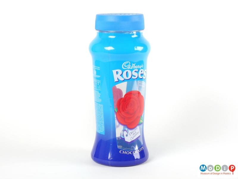 Front view of a Cadbury's Roses jar showing the printed design on the shrink-wrapping.