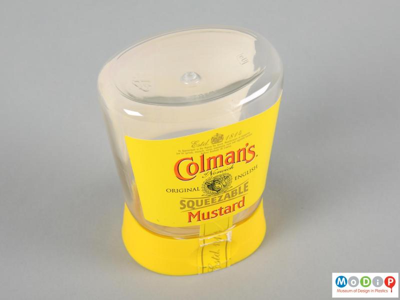 Top view of a Colman's Mustard jar showing the concave top section.