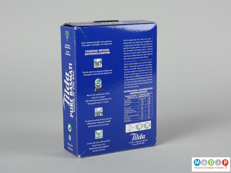 Rear view of a Tilda rice packet showing the cardboard box.
