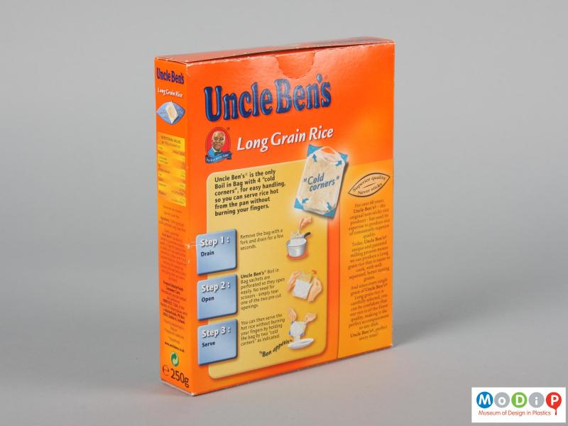 Rear view of and Uncle Ben's Rice packet showing the back of the box.