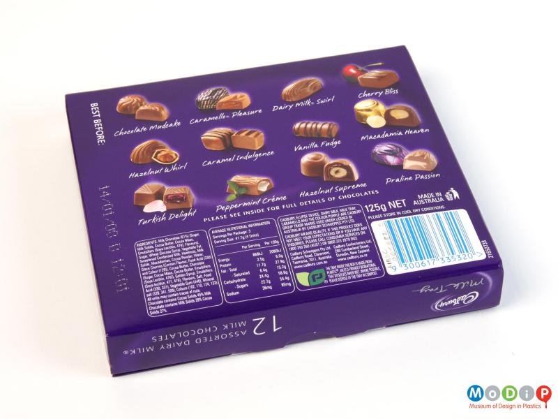 Underside view of a chocolate box showing the printed base.