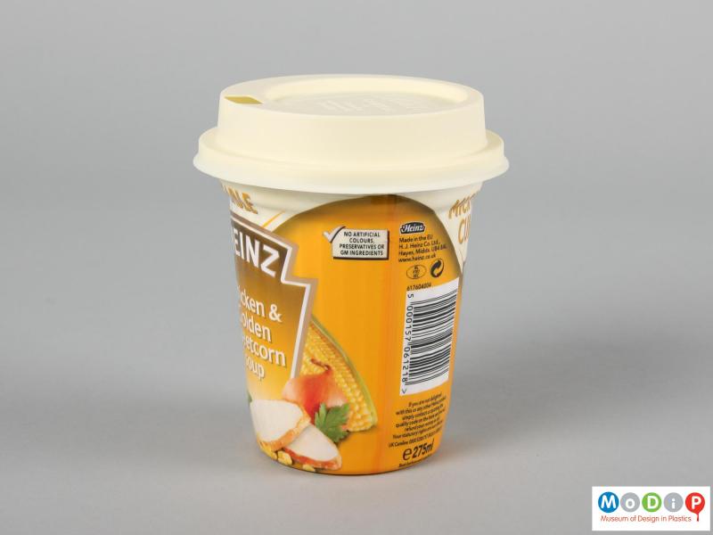 Side view of a Soup cup showing the tapering side and the fitted lid.