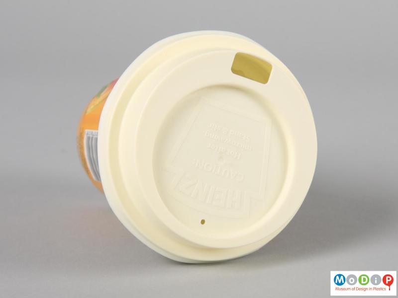 Top view of a Soup cup showing the moulded inscritpion in the lid.
