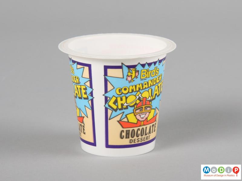 Side view of a dessert pot showing the printed design.
