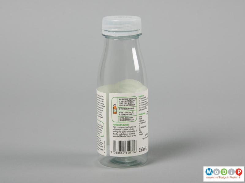 Rear view of an Innocent Smoothie bottle showing the full extent of the paper label.
