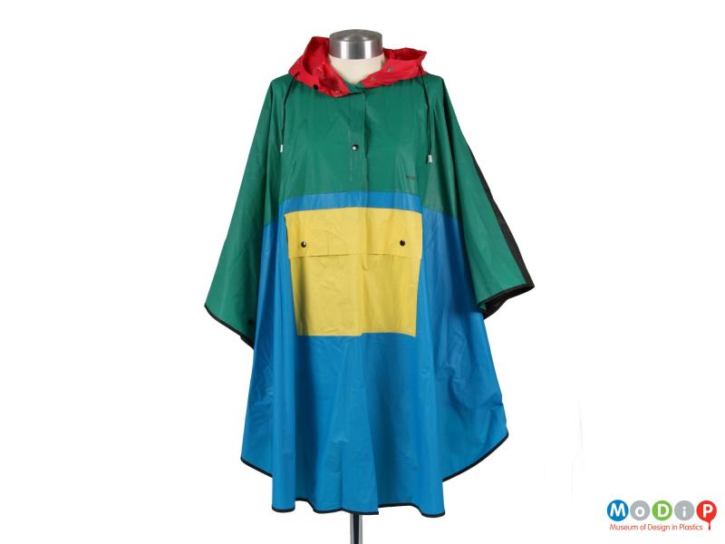 Front view of a poncho showing the coloured panels.