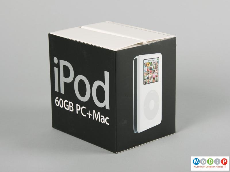 Front view of an Apple iPod showing the packaging.