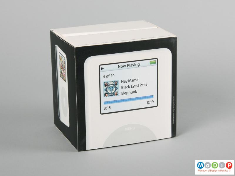 Rear view of an Apple iPod showing the packaging.